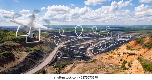 Innovation Aerial Uav Drone Copter Flying With Camera Above Opencast Mining Open Coal. Concept Engineering Geology Industry.