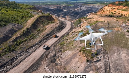 Innovation Aerial Uav Drone Copter Flying With Camera Above Opencast Mining Open Coal. Concept Engineering Geology Industry.