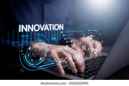 Innovation with Graphical User Interface and big data Concept, businessman using a laptop with touch Innovative ideas presented by management consultants on-screen, design, invention development