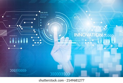 Innovation With Graphical User Interface Concept, Businessman Pointing On A Virtual Panoramic Screen. Innovative Ideas Presented By Management Consultants On-screen, Design, Invention Development