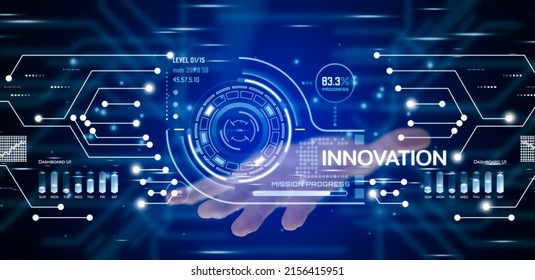 Innovation With Graphical User Interface Concept, Businessman Pointing On A Virtual Panoramic Screen. Innovative Ideas Presented By Management Consultants On-screen, Design, Invention Development