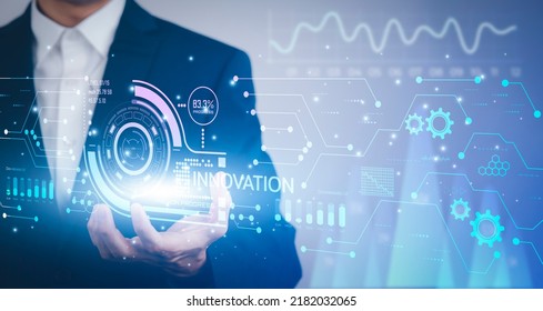 Innovation With Graphical User Interface Concept, Businessman Pointing On A Virtual Panoramic Screen. Innovative Ideas Presented By Management Consultants On-screen, Design, Invention Development