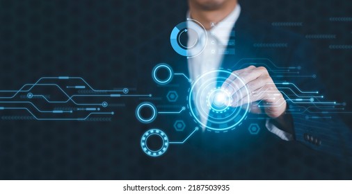 Innovation With Graphical User Interface Concept, Businessman Pointing On A Virtual Panoramic Screen. Innovative Ideas Presented By Management Consultants On-screen, Design, Invention Development