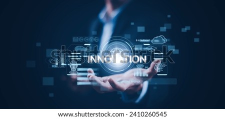Innovation with Graphical User Interface Concept, businessman pointing on a virtual panoramic screen. Innovative ideas presented by management consultants on-screen, design, invention development