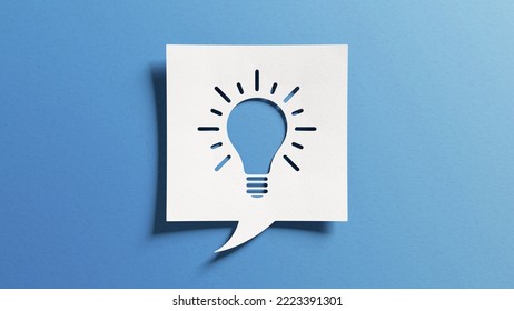 Innovation and idea symbol with light bulb shape. Concept about creativity, invention, innovative solutions for business communication. White cutout paper over blue background.