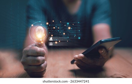 Innovation for protection from digital cybercrime. Businessman fingerprint scan and biometric authentication, Concept of surveillance and security scan for digital cyber futuristic applications.