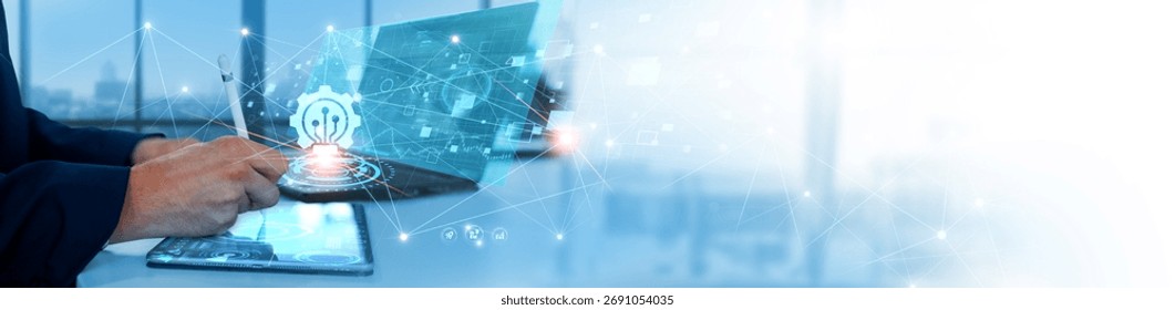 Innovation Technology: Businessman analyzing and processing data for technological advancements and product development, market disruption, digital transformation, cutting-edge solutions