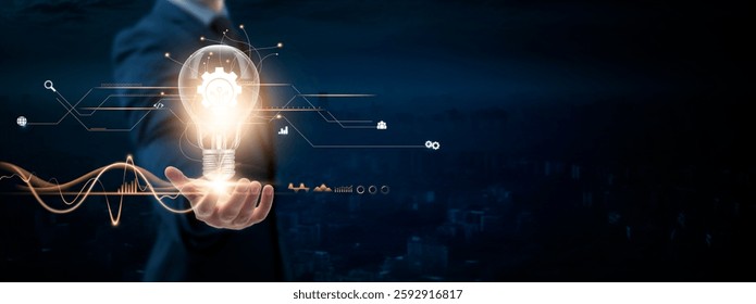 Innovation Technology: Businessman Holding Creative Light Bulb with Digital Networking and Innovation Technology Icon. Generating Ideas, Driving Progress, Advancing Solutions, on Blue City Background.