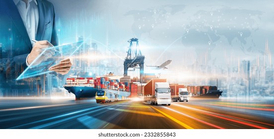 Innovation technology digital future of logistics freight transportation import export concept, Manager using tablet control online tracking cargo delivery distribution on city world map background - Shutterstock ID 2332855843