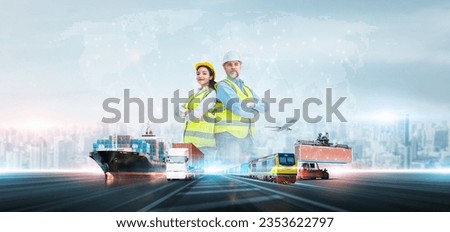 Innovation technology digital future of logistics cargo freight transportation import export, Engineer and worker at shipping port on world map background with copy space, Success and teamwork concept
