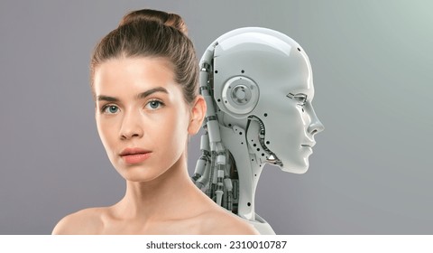 Innovations of beauty industry. Close up portrait of young gorgeous lady with perfect face and skin posing to camera with artificial robot, grey studio background, free space