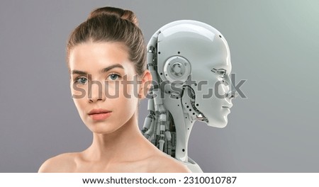 Innovations of beauty industry. Close up portrait of young gorgeous lady with perfect face and skin posing to camera with artificial robot, grey studio background, free space