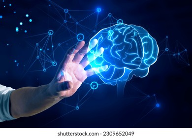 Innovations, creative idea and machine learning concept with man hand touching virtual digital human brain symbol on abstract dark technological background