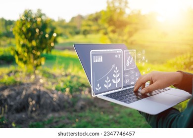 Innovative Agriculture Management Typing and Technology on Virtual Screen Showcases Growing Rate - Shutterstock ID 2347746457