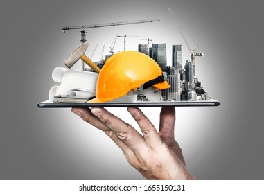 Innovative Architecture And Civil Engineering Building Construction Project. Creative Graphic Design Showing Concept Of Infrastructure City Building By Professional Architect, Worker And Engineer.