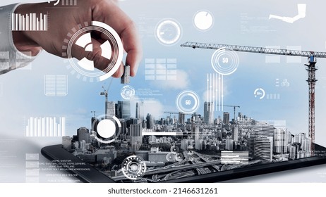 Innovative Architecture And Inventive Civil Engineering Plan Building Construction Project. Creative Graphic Design Showing Concept Of Infrastructure City Building By Architect, Worker And Engineer.