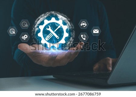 Innovative concept of IT support and digital tools with a gear and wrench icon, technical support, system maintenance, software updates and customer service technology in modern business environment.