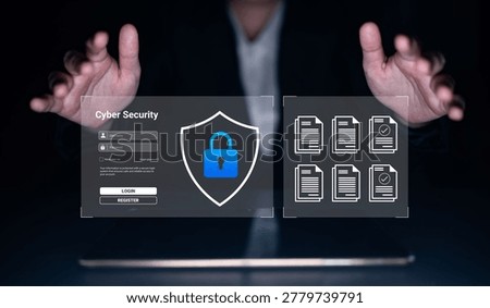 Innovative cyber security visual with hands reaching for a digital interface showcasing lock symbols and document reviews, emphasizing online protection and data safety. Ledger