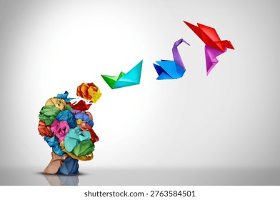 Innovative Development Thinking idea and human designer creative mind concept or brainstorm ideas with smart design thinking as origami symbols.
