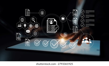 Innovative digital interface illustrating data analysis and document management, perfect for business contexts emphasizing productivity and technology solutions. Gantry