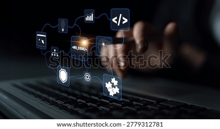 Innovative Digital Interface for Software Development and Programming with Coding Icons and Data Analytics Elements in Dark Environment Quark.