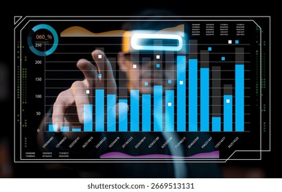 Innovative digital visualization using smart glasses to showcase interactive graphs and charts, enhancing business analysis and driving effective decision-making processes.
