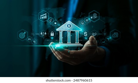 Innovative Financial Technology and Banking Concept with Digital Transformation, AI, Blockchain, and Analytics for Modern Finance, Global Economy, and Secure Online Transactions in a Virtual Banking