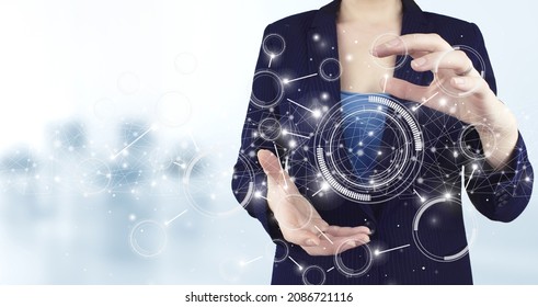 Innovative, and global network connection, Data exchanges. Two hand holding virtual holographic circular diagram icon with light blurred background. Big data visualization