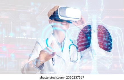 Innovative Health Tech Concept, collage. Blonde woman doctor pulmonologist looking at big hologram of human lungs, surgeon using headset VR goggles, getting ready for surgery, double exposure - Powered by Shutterstock