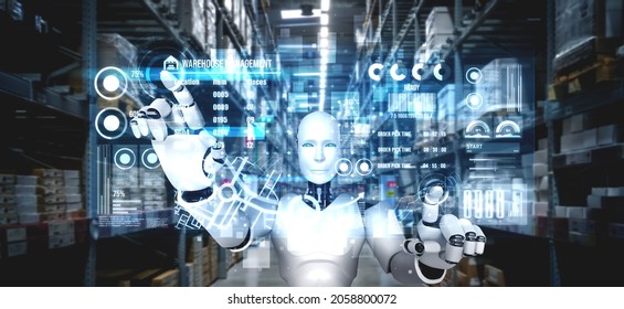 Innovative Industry Robot Working In Warehouse For Human Labor Replacement . Concept Of Artificial Intelligence For Industrial Revolution And Automation Manufacturing Process .