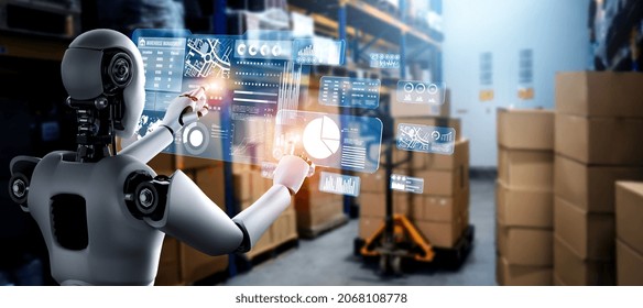 Innovative industry robot working in warehouse for human labor replacement . Concept of artificial intelligence for industrial revolution and automation manufacturing process . - Powered by Shutterstock