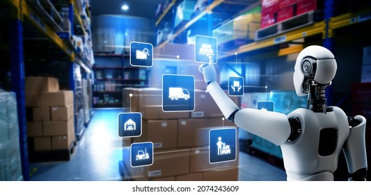 Innovative industry robot working in warehouse for human labor replacement . Concept of artificial intelligence for industrial revolution and automation manufacturing process . - Shutterstock ID 2074243609