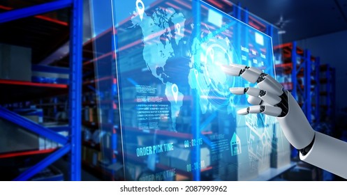 Innovative industry robot working in warehouse for human labor replacement . Concept of artificial intelligence for industrial revolution and automation manufacturing process . - Shutterstock ID 2087993962
