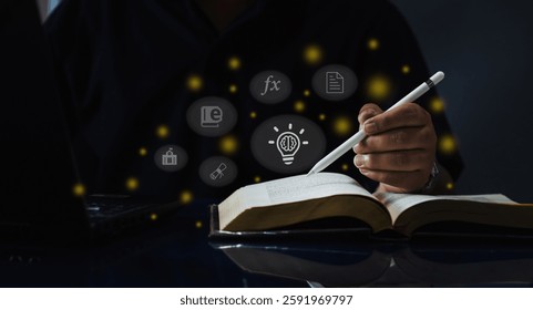 Innovative learning concept. A person using a digital pen with a book, symbolizing knowledge, creativity, and futuristic education. AI-powered studying, research, and smart technology integration.