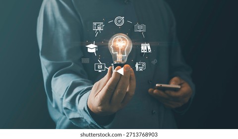 Innovative learning knowledge-development concept with creative thinking, modern digital education person holding glowing light bulb surrounded icons representing training, e-learning, development