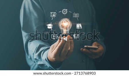 Innovative learning knowledge-development concept with creative thinking, modern digital education person holding glowing light bulb surrounded icons representing training, e-learning, development