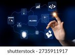 Innovative No Code Technology Concept with Hand Touching Digital Symbols for Future Application Development and Seamless User Experience Quark.