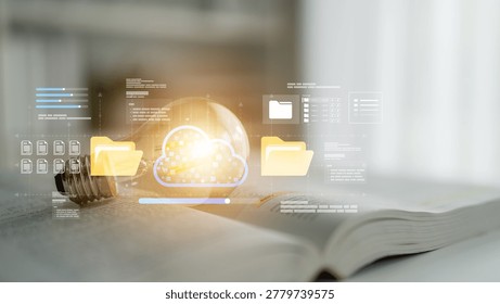 Innovative representation of cloud computing with digital data overlays on an open book, symbolizing the intersection of technology and learning in a modern workspace. Ledger