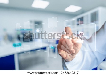 Innovative scientist creating digital process in laboratory. A scientist interacts with virtual elements in a modern lab setting showcasing advanced technology.