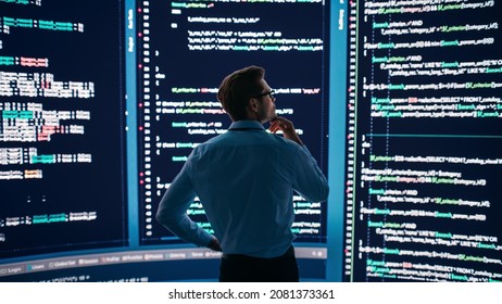 Innovative Startup Concept: Thoughtful Software Engineer Finding Solution, Solving Problem, Standing And Doing Data Analysis On Big Wall Screen. Programmer Developing E-Commerce App. Back View Shot