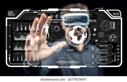 Innovative technology interface shows a virtual reality entrepreneur interacting with digital data and graphics while exploring global trends in cyber space. - Powered by Shutterstock - Get 15% off with code: PIKWIZARD15