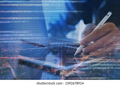 Innovative technology, software development, IoT concept. Double exposure, man programmer, software developer using digital tablet, laptop computer and smart city with big data, binary, computer code