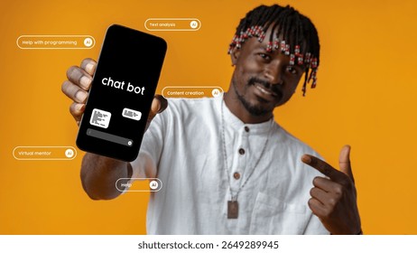 Innovative user showcasing chatbot features with smartphone against vibrant orange background in creative setting