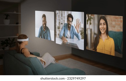 Innovative Virtual Communication. Lady In VR Headset Communicating With Diverse Friends Or Coworkers Group Online, Sitting In Living Room Looking At Screen At Home. Immersive Technology, Collage - Powered by Shutterstock