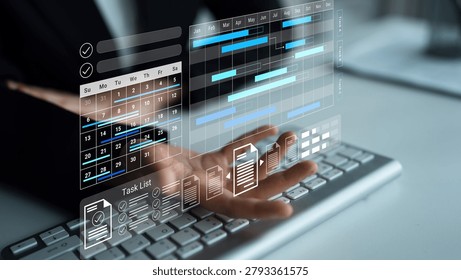 Innovative visual representation of a digital task management system featuring an interactive calendar and project timeline over a keyboard for efficient workflow. Gantry