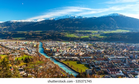 Innsbruck, Austria: wide angle aerial panorama of most popular Austrian city and capital of western state of Tyrol