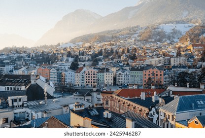 Innsbruck city centre aerial panoramic view. Innsbruck is the capital city of Tyrol in western Austria - Powered by Shutterstock