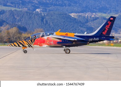 Innsbruck/Austria October 26, 2019:  Red Bull (The Flying Bulls) Dassault/Dornier Alpha Jet  at InnsbruckAirport.