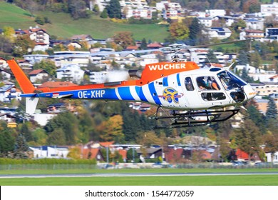 Innsbruck/Austria October 26, 2019:  Wucher Helicopter Aerospatiale AS-350 B3 Ecureuil  at InnsbruckAirport.