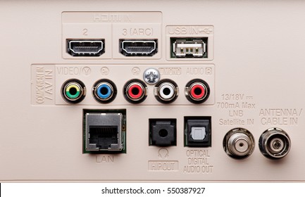 Input and output connectors of the modern TV panel. Hdmi, Lan, Component, AV, USB and etc